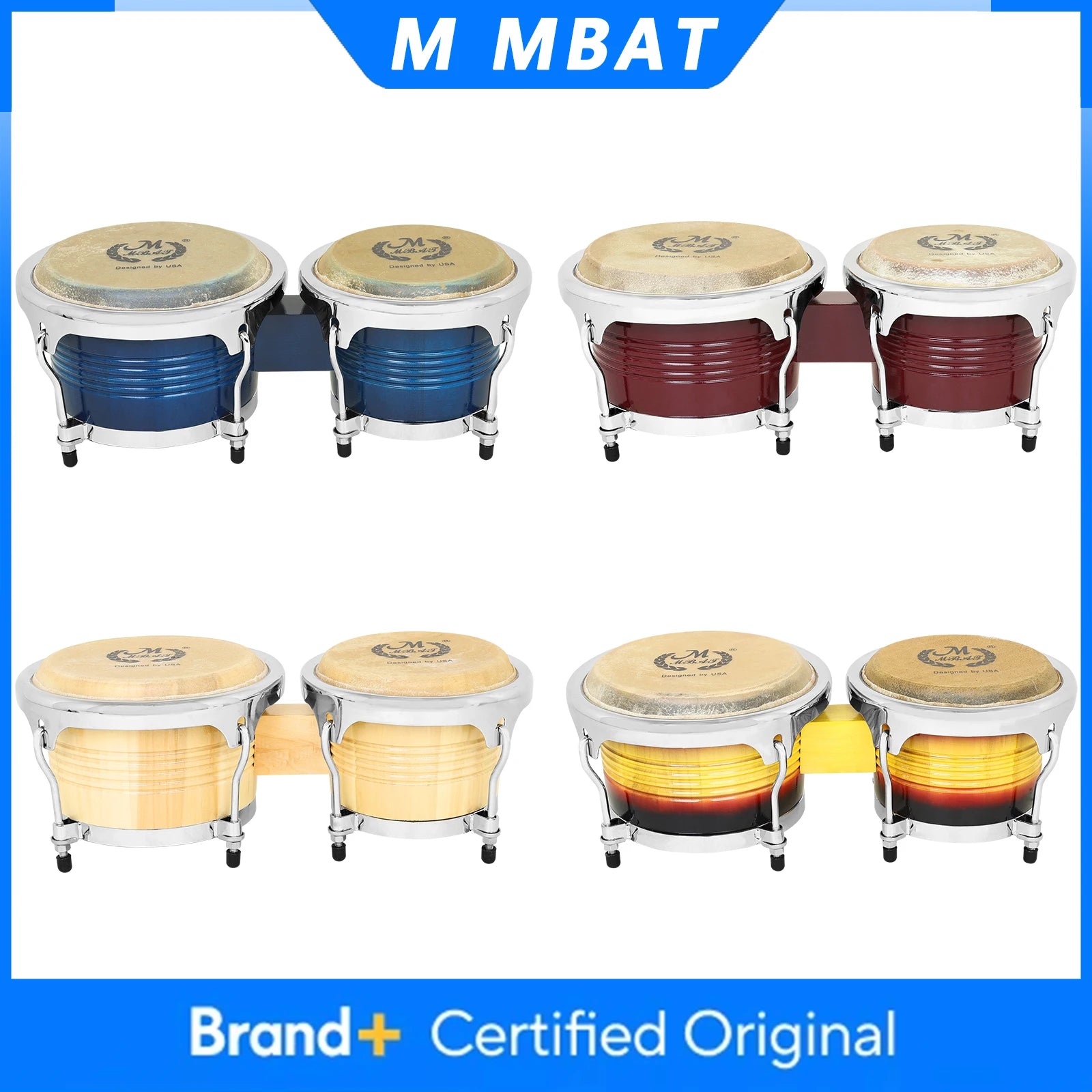 M MBAT Bongo Drum Oak+Buffalo Leather Double Drum African Jazz Style Tambourine Cuban Drum Portable Percussion Instrument