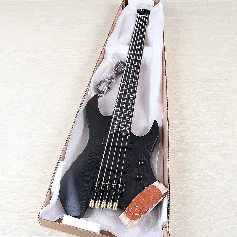 Headless Electric Bass Guitar 5String 43Inch Solid Ashwood Body 864mm Scale Length Black Natural Color Matte Finish High Quality