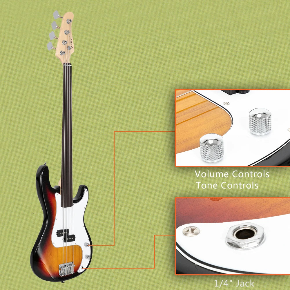 Electric Bass Guitar Full Size 4 String for experienced Bass Players Cord Wrench Tool Sunset Color