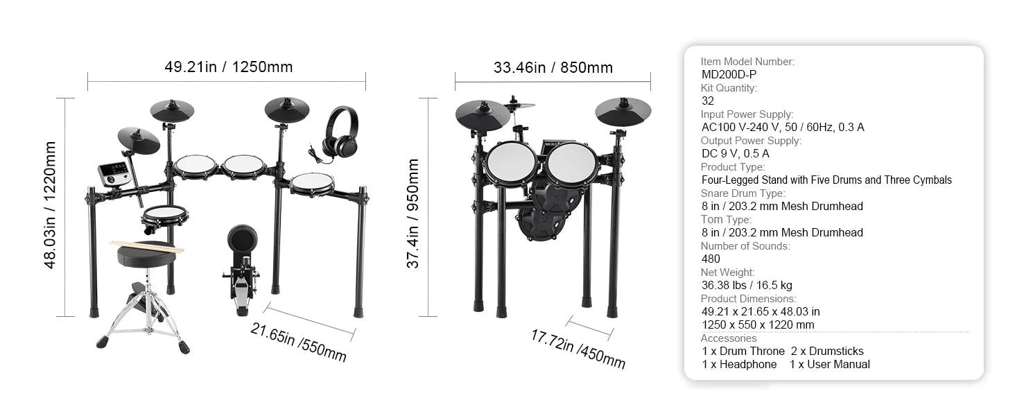 SucceBuy Electric Drum Set 32 Drum Kits & 480 Sounds, USB MIDI Supported 8 / 10 in Quiet Mesh+10 in Cymbals Drum Sticks Easy Use