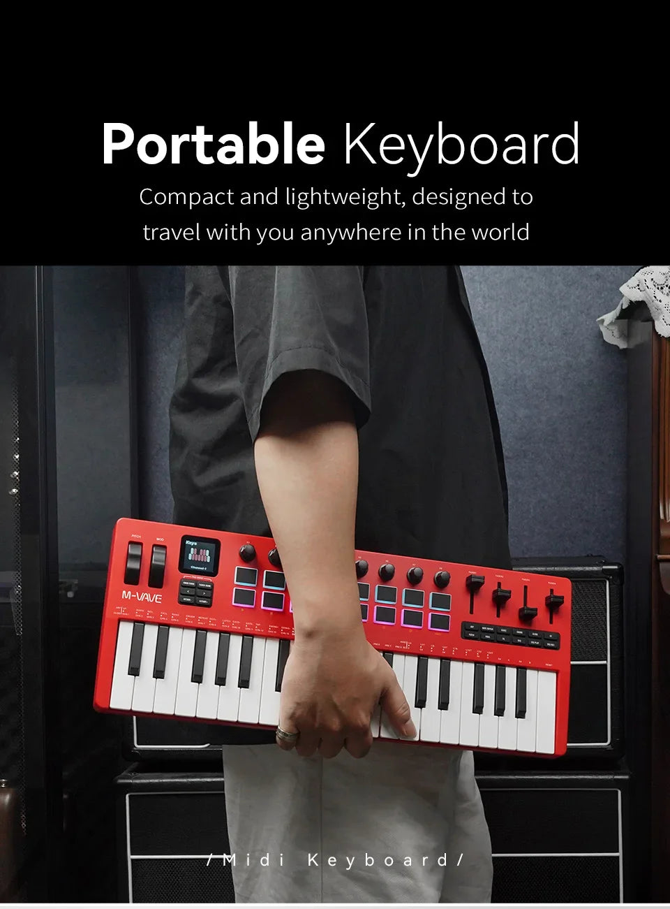 M-VAVE SMK-37 Pro 37-Key MIDI Controller Red With 16 RGB Pads 8 Knobs Built-in Synthesizer Portable Keyboard Instruments Parts