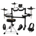 Electronic Drum Set with 4 Quiet Mesh Pads 360 Sounds 2 Pedals Headphones Sticks Dual Bluetooth Black Ideal for Beginners