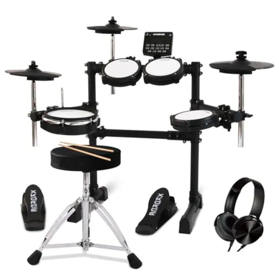 Electronic Drum Set with 4 Quiet Mesh Pads 360 Sounds 2 Pedals Headphones Sticks Dual Bluetooth Black Ideal for Beginners