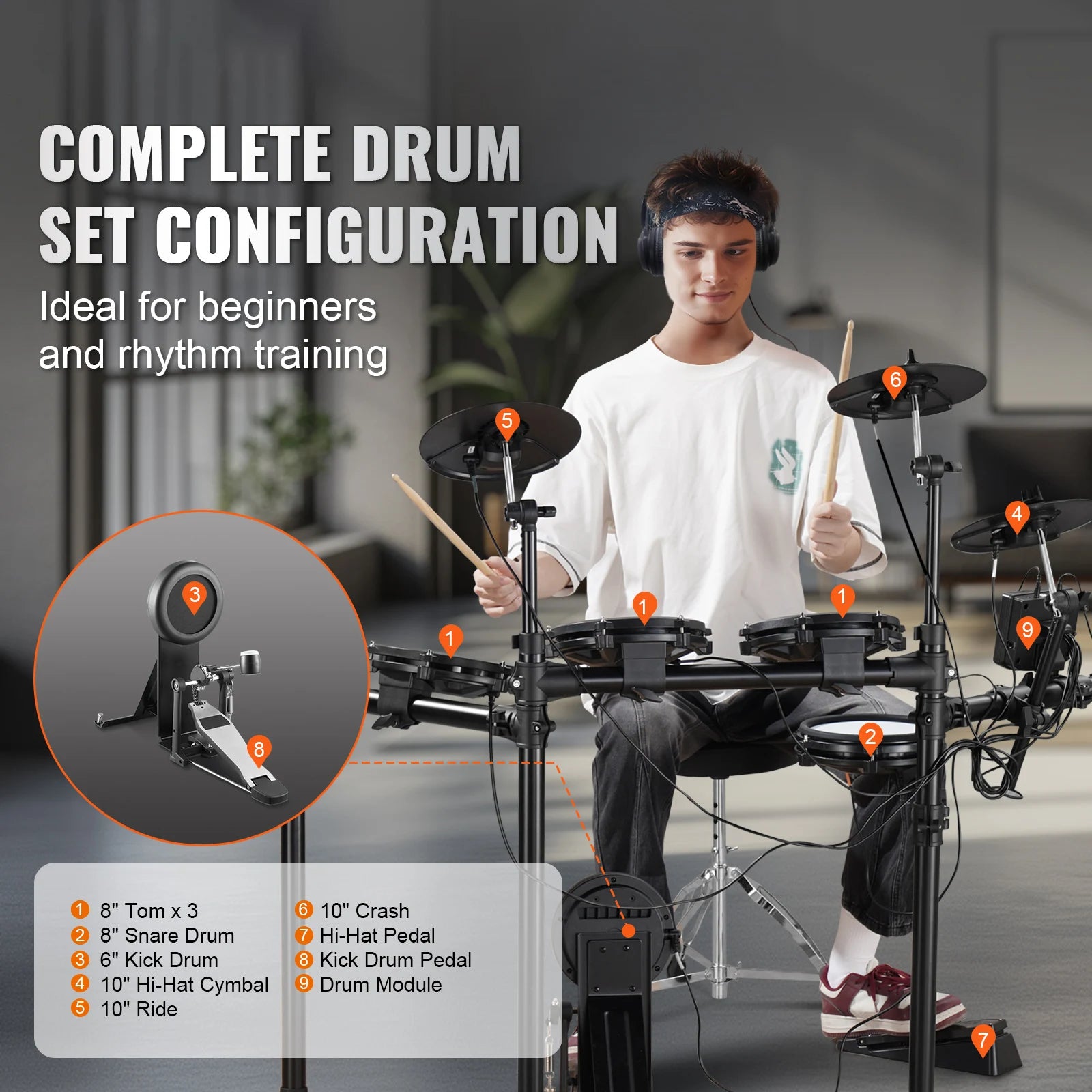 SucceBuy Electric Drum Set 32 Drum Kits & 480 Sounds, USB MIDI Supported 8 / 10 in Quiet Mesh+10 in Cymbals Drum Sticks Easy Use