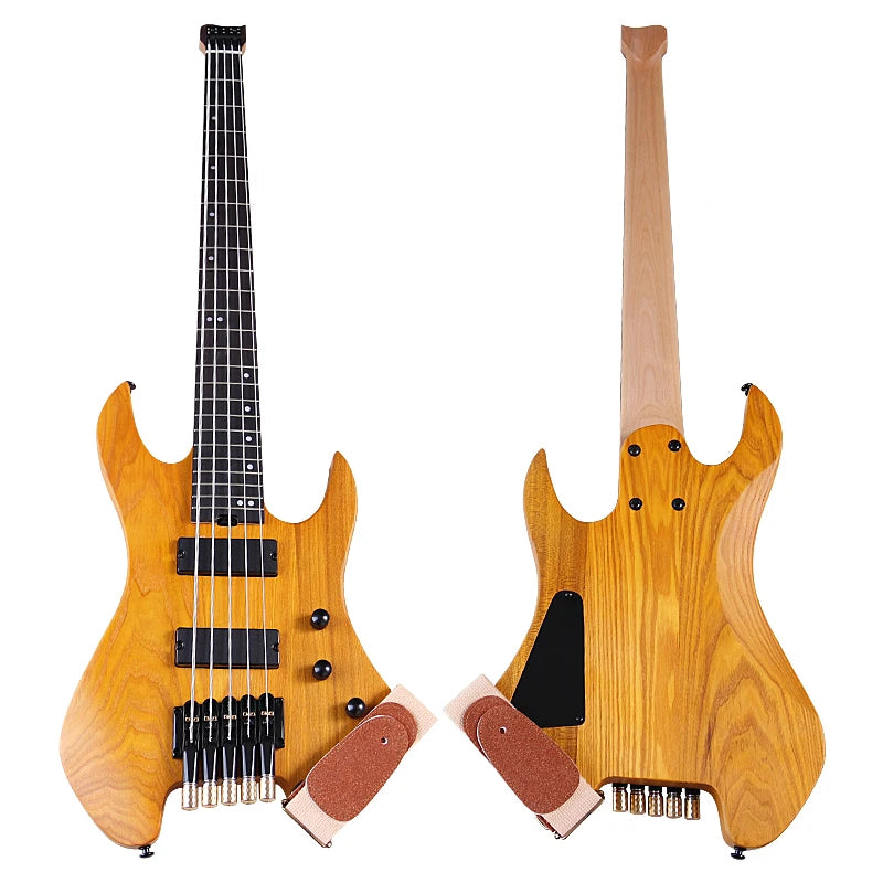 Headless Electric Bass Guitar 5String 43Inch Solid Ashwood Body 864mm Scale Length Black Natural Color Matte Finish High Quality