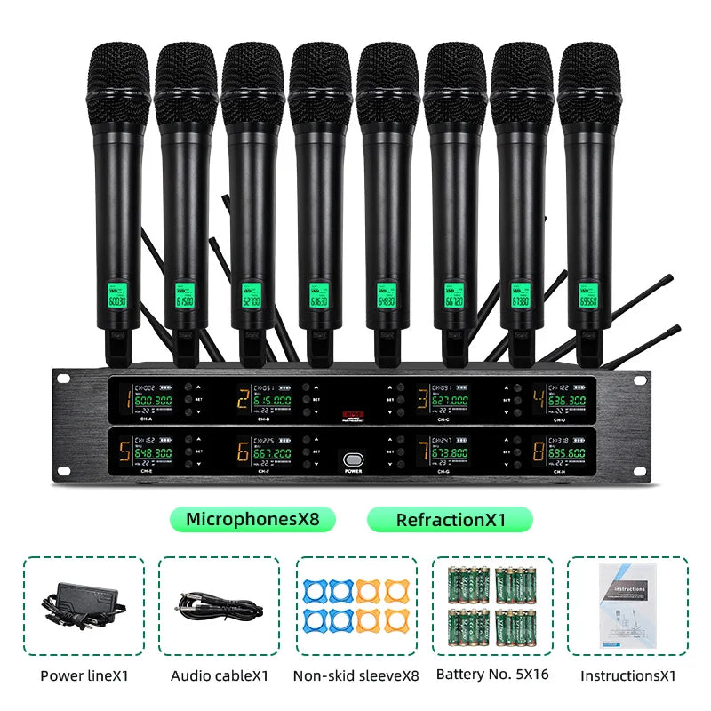 Professional wireless microphone UHF 8-channel handheld collar clip, conference microphone karaoke, singing dynamic microphone