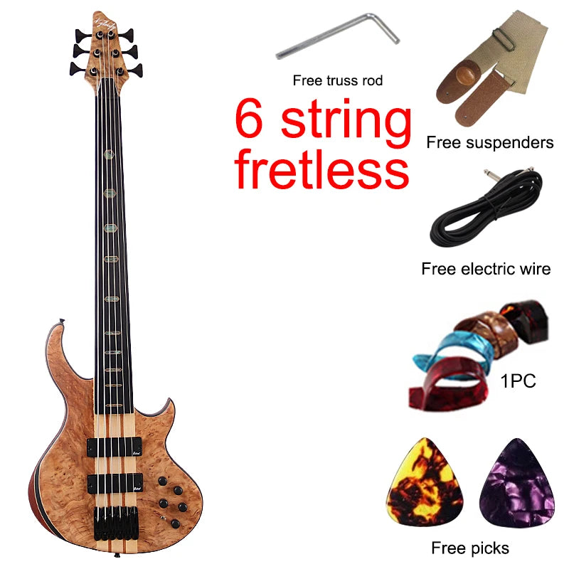 Fretless 6 String Active Electric Bass Guitar Neck Through 43 Inch Rose Veneer Matte with Active&Passive Switch High Quality