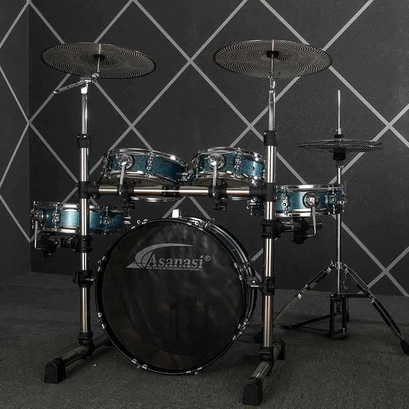 Portable Silent Drum Set with Double-sided Drum, 6-ply Maple and 4-ply Poplar Shells, Cymbals, and A Drum Chair Included