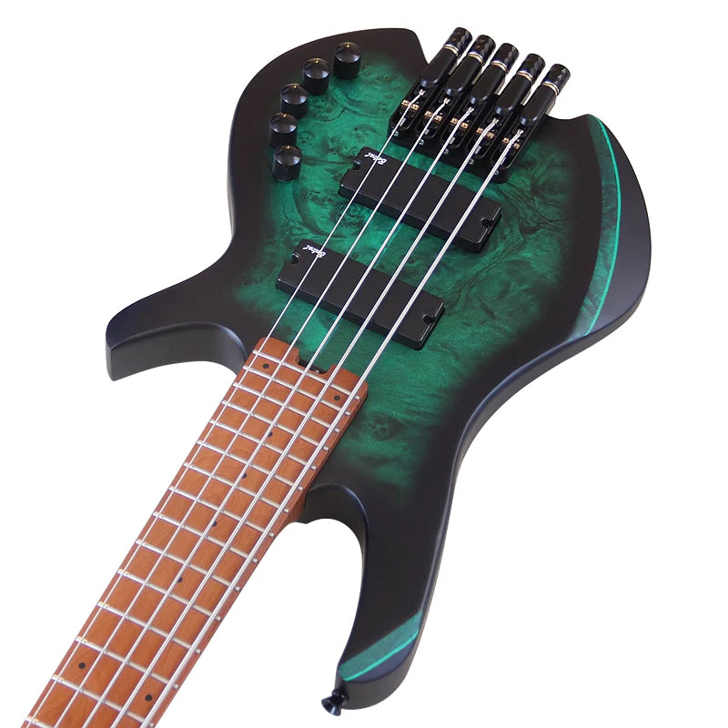 Headless Electric Bass Guitar Tree Burl Top 5 Strings Basswood Body 39 Inch Headless Guitarra Matte Good Handicraft Green&Black