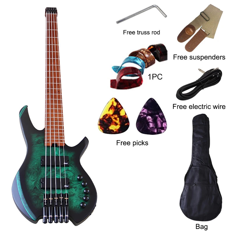 Headless Electric Bass Guitar Tree Burl Top 5 Strings Basswood Body 39 Inch Headless Guitarra Matte Good Handicraft Green&Black
