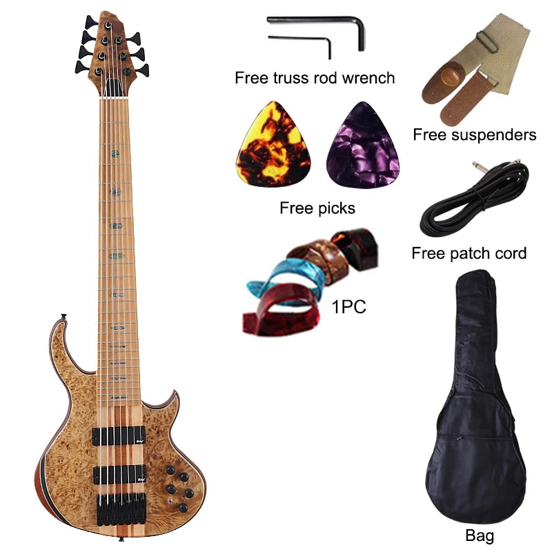 Neck Through Active 7 String Bass Guitar Black 43 Inch Electric Bass Guitar 24 Frets Solid Okoume Body with Canada Maple Neck
