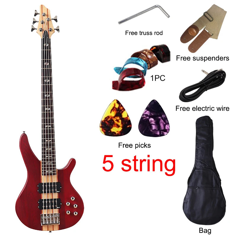 Active 5 String Neck Through Electric Bass Guitar 43 Inch Solid Okoume Body Natural Color Bass Guitar with Free Bag