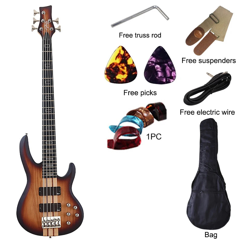 Active 5 String Neck Through Electric Bass Guitar 43 Inch Solid Okoume Body Natural Color Bass Guitar with Free Bag