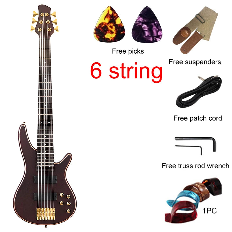 6 String Active Bass Guitar 43 Inch Electric Bass Guitar Brown 24 Frets Solid Sapele Wood Body Black Fingerboard
