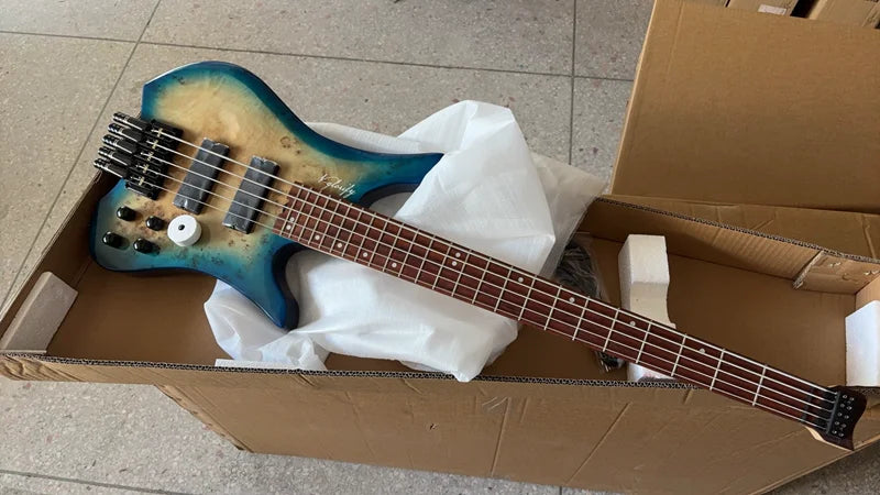 Headless Electric Bass Guitar Tree Burl Top 5 Strings Basswood Body 39 Inch Headless Guitarra Matte Good Handicraft Green&Black