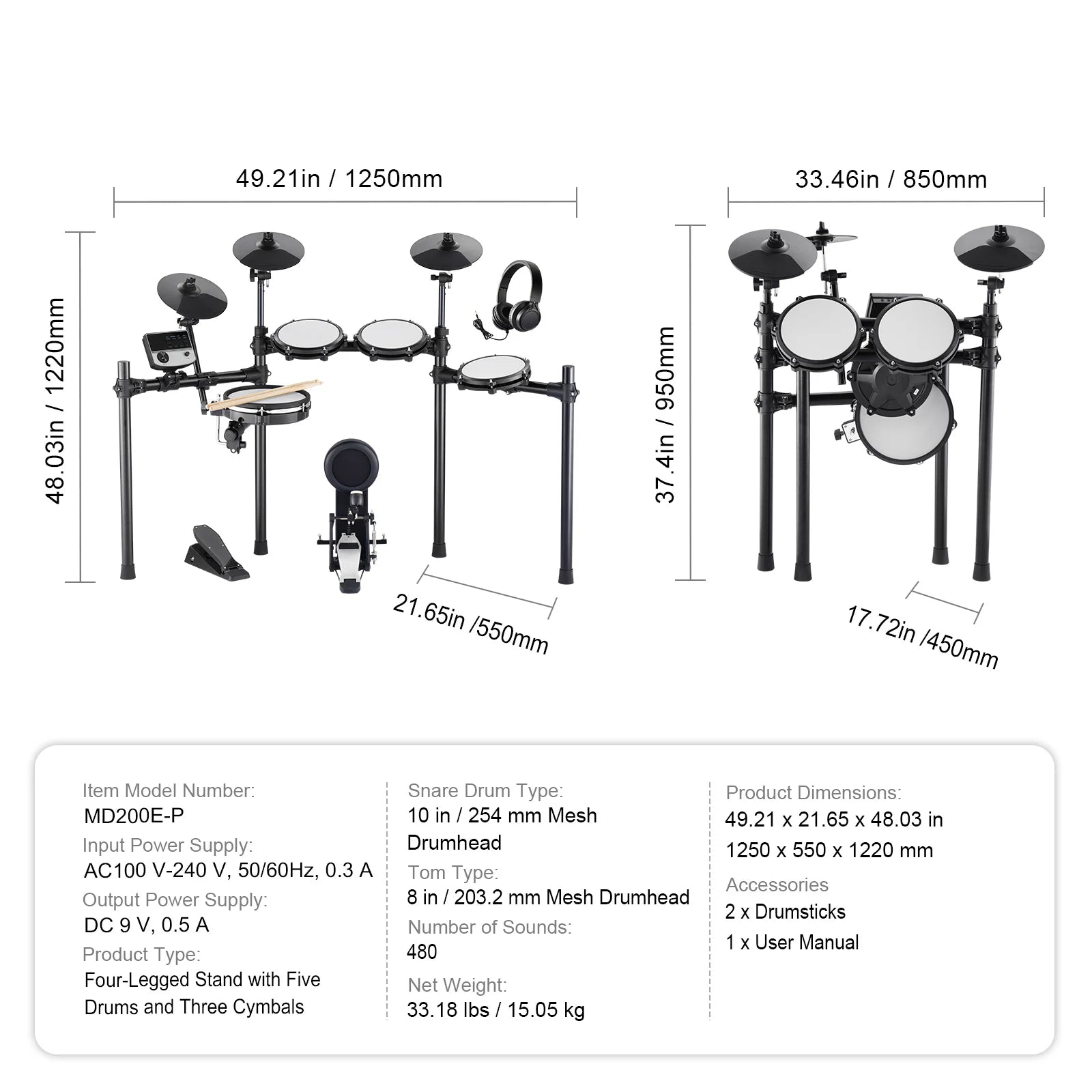 SucceBuy Electric Drum Set 32 Drum Kits & 480 Sounds, USB MIDI Supported 8 / 10 in Quiet Mesh+10 in Cymbals Drum Sticks Easy Use
