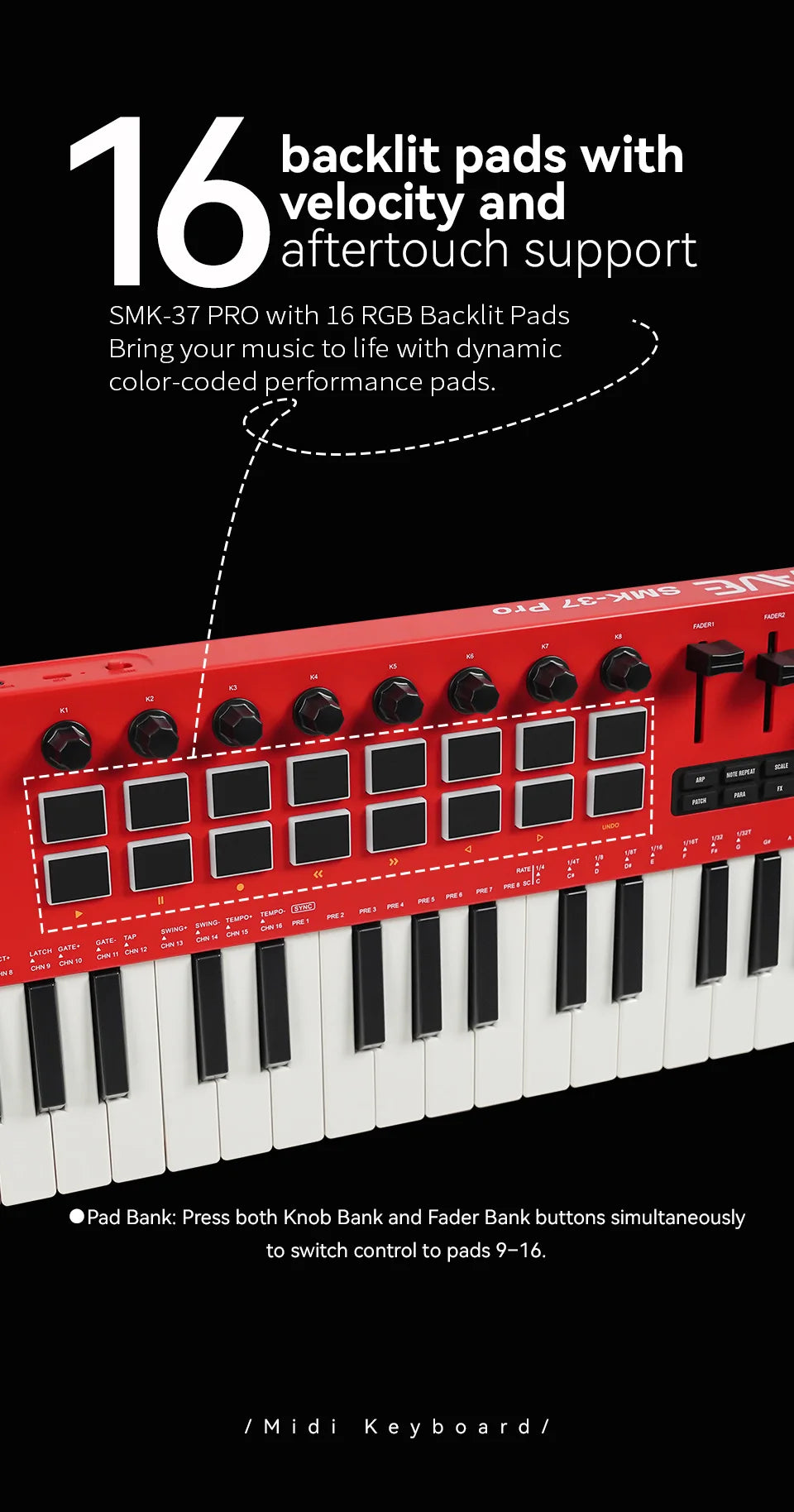 M-VAVE SMK-37 Pro 37-Key MIDI Controller Red With 16 RGB Pads 8 Knobs Built-in Synthesizer Portable Keyboard Instruments Parts