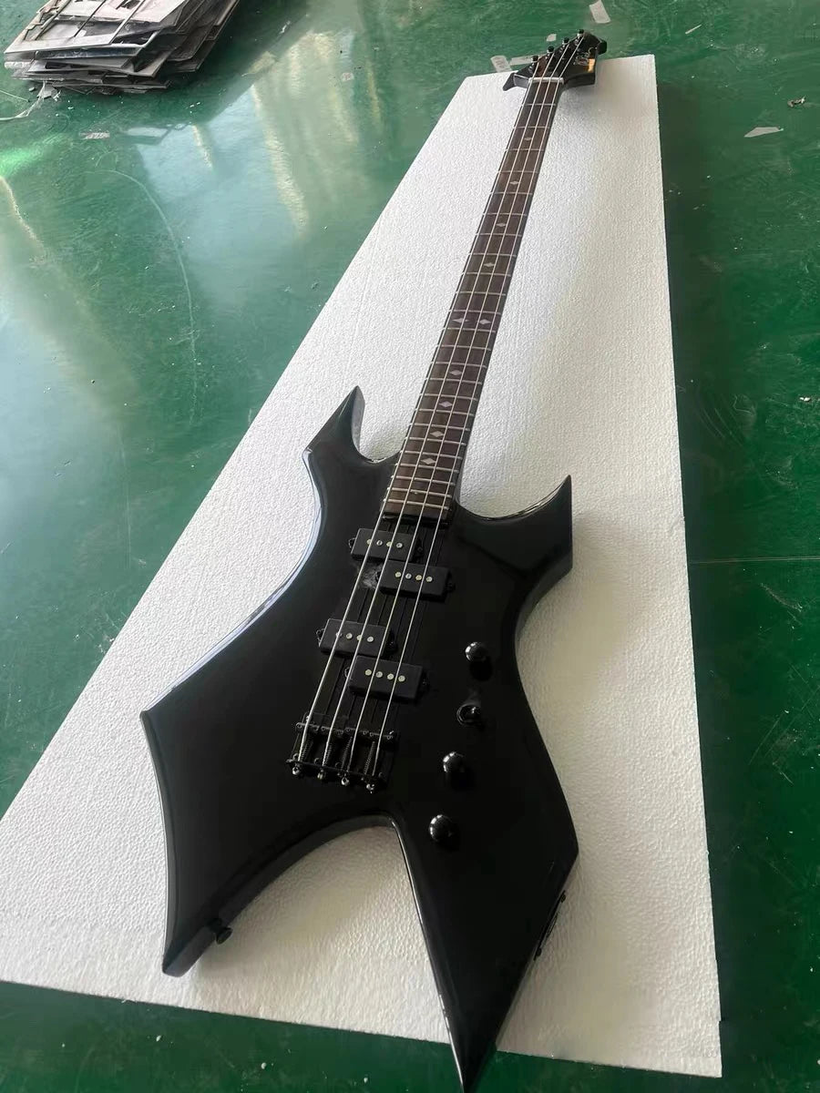 High Quality Unusual Shape Black 4 Strings Electric Bass Guitar Rosewood Fretboard Black Hardwares Factory Customizable