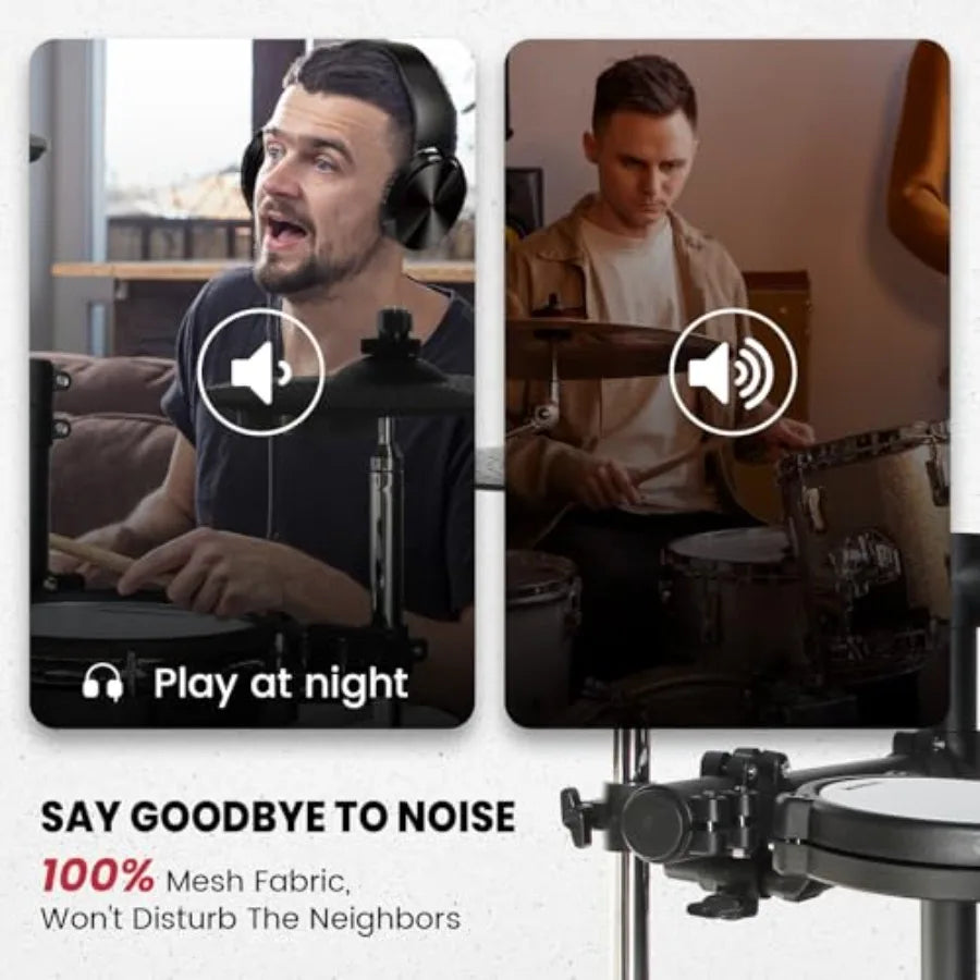 Electronic Drum Set with 4 Quiet Mesh Pads 360 Sounds 2 Pedals Headphones Sticks Dual Bluetooth Black Ideal for Beginners