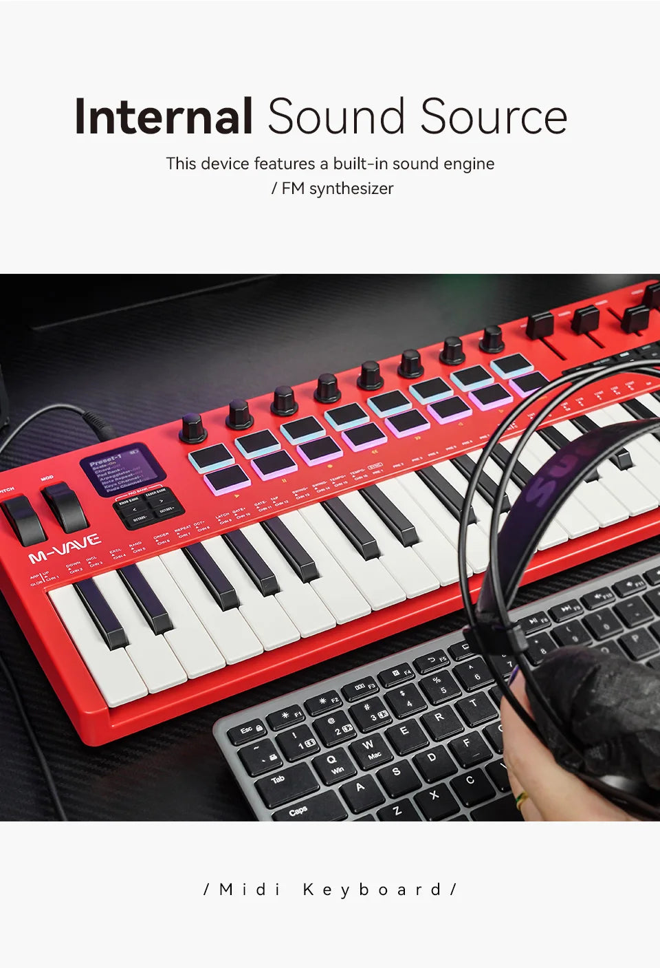 M-VAVE SMK-37 Pro 37-Key MIDI Controller Red With 16 RGB Pads 8 Knobs Built-in Synthesizer Portable Keyboard Instruments Parts