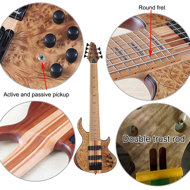 Neck Through Active 7 String Bass Guitar Black 43 Inch Electric Bass Guitar 24 Frets Solid Okoume Body with Canada Maple Neck
