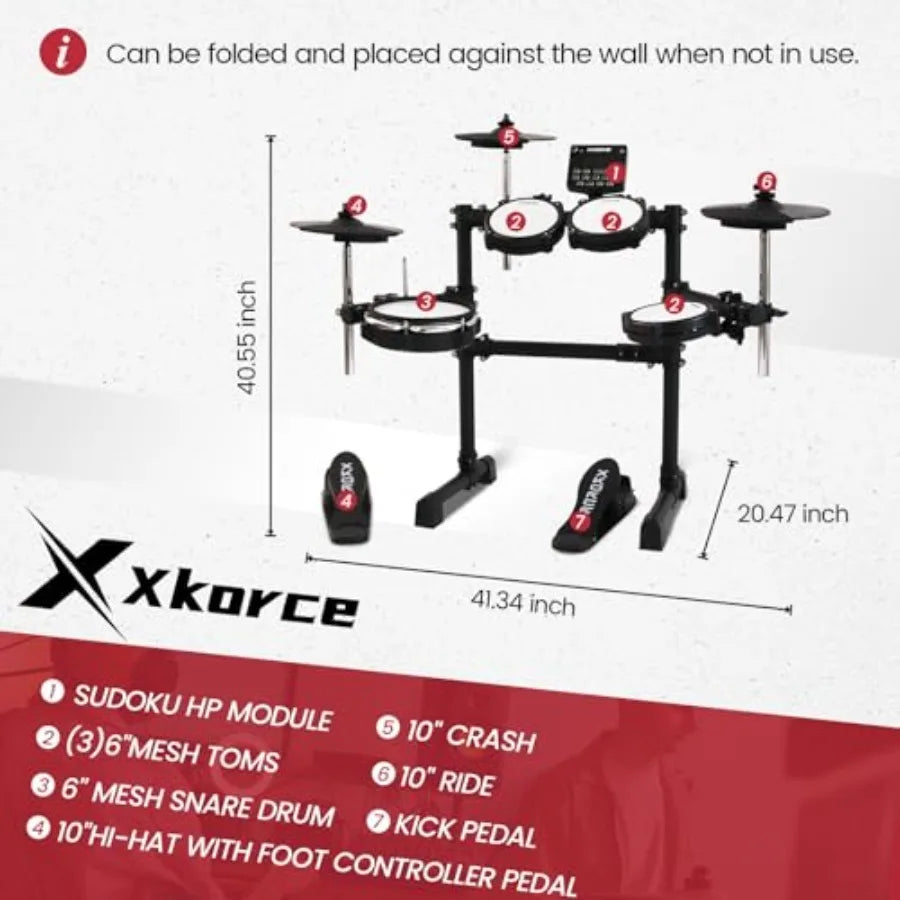 Electronic Drum Set with 4 Quiet Mesh Pads 360 Sounds 2 Pedals Headphones Sticks Dual Bluetooth Black Ideal for Beginners