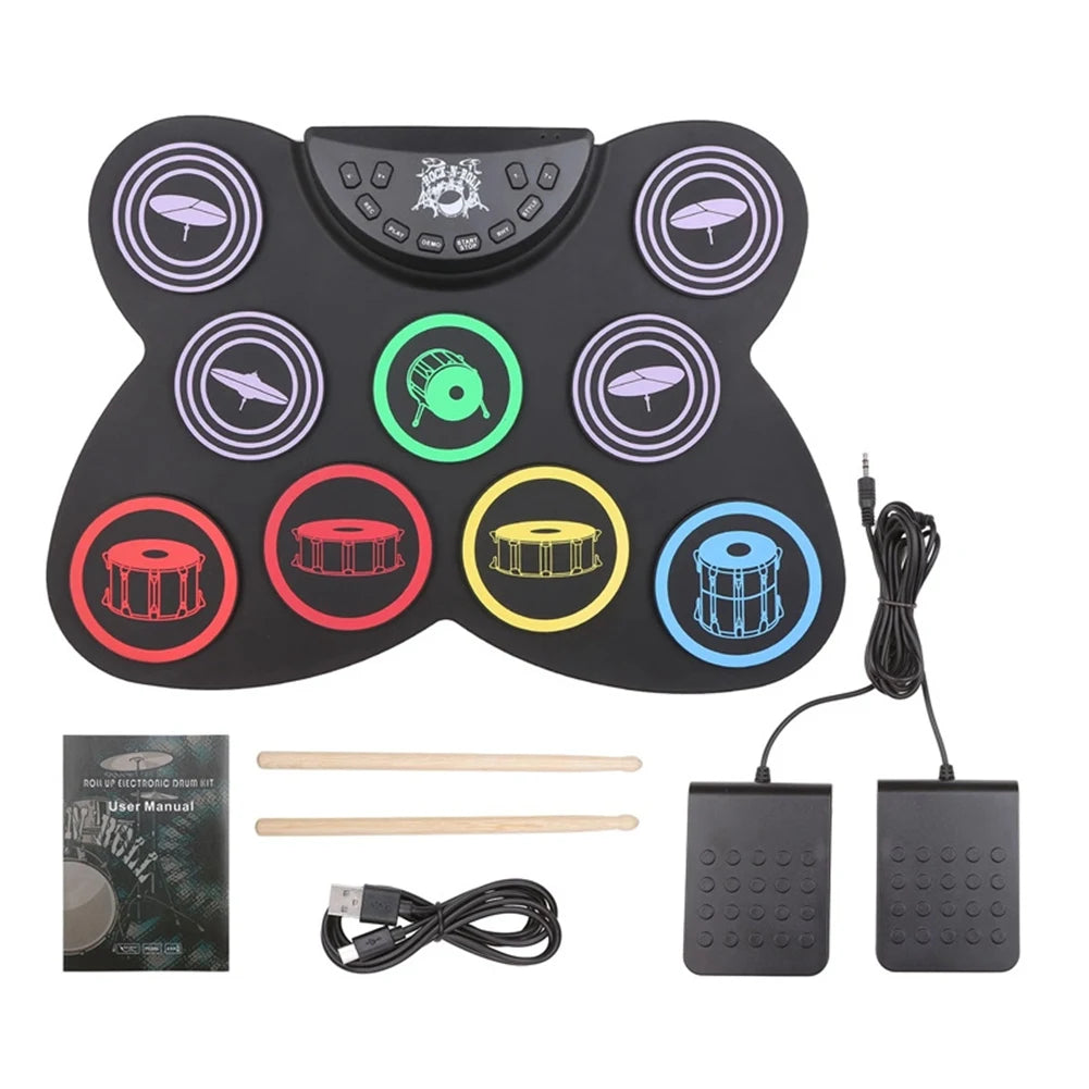 Electric Drum Set, 9 Pads Silicon Foldable Electronic Drum With Headphone Jack,Build In Speaker ,Foot Pedals,Drum Sticks-B60B
