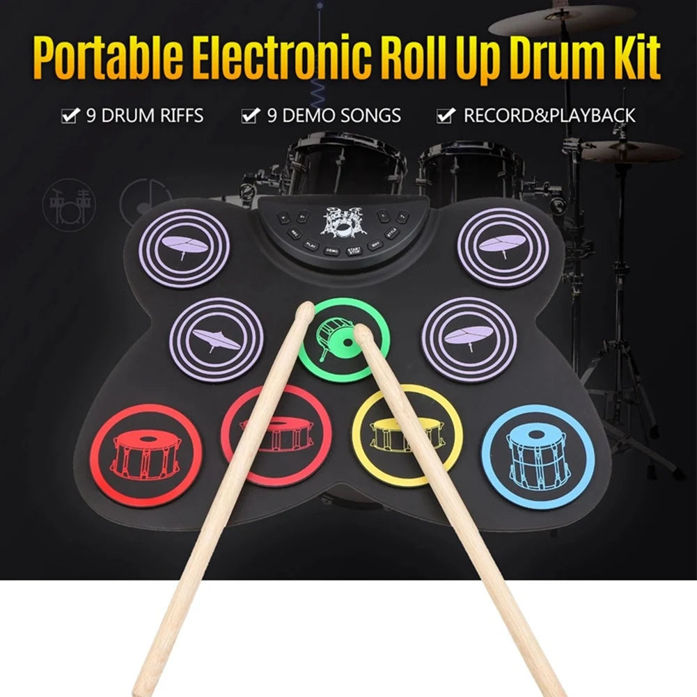 Electric Drum Set, 9 Pads Silicon Foldable Electronic Drum With Headphone Jack,Build In Speaker ,Foot Pedals,Drum Sticks-B60B