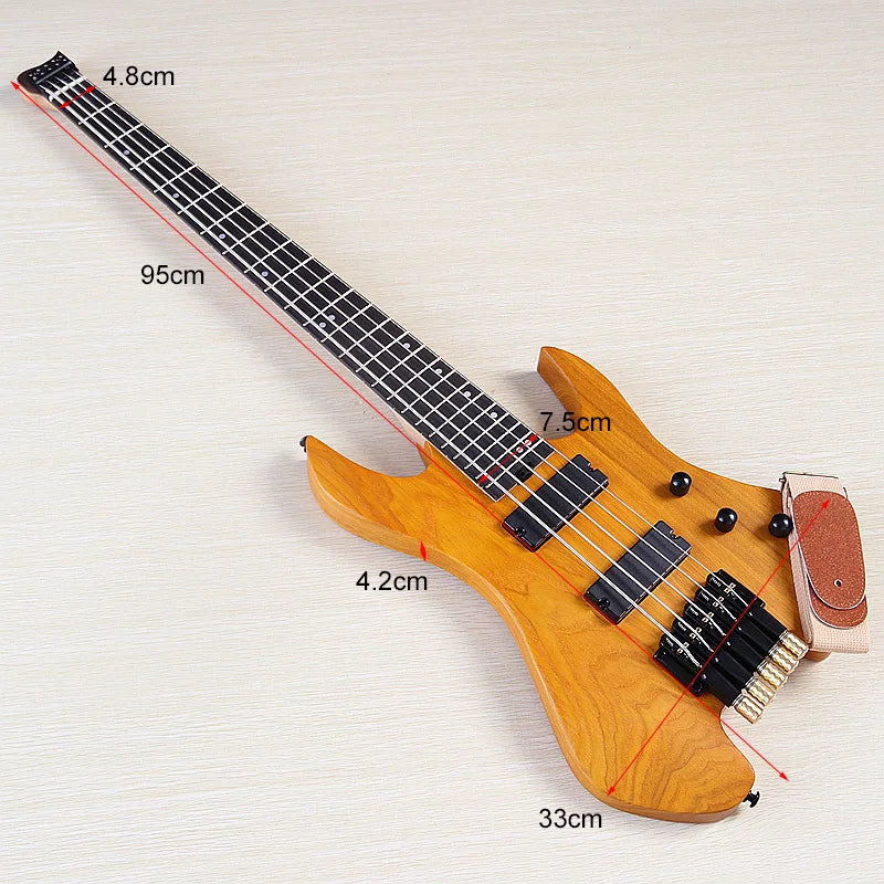 Headless Electric Bass Guitar 5String 43Inch Solid Ashwood Body 864mm Scale Length Black Natural Color Matte Finish High Quality