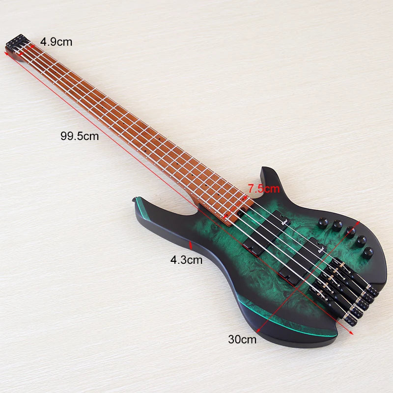 Headless Electric Bass Guitar Tree Burl Top 5 Strings Basswood Body 39 Inch Headless Guitarra Matte Good Handicraft Green&Black