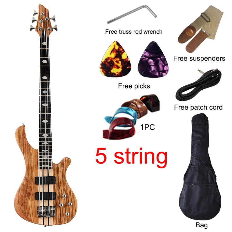 Active 5 String Neck Through Electric Bass Guitar 43 Inch Solid Okoume Body Natural Color Bass Guitar with Free Bag