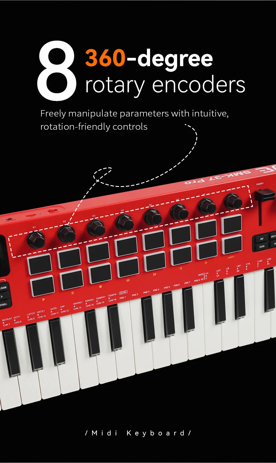 M-VAVE SMK-37 Pro 37-Key MIDI Controller Red With 16 RGB Pads 8 Knobs Built-in Synthesizer Portable Keyboard Instruments Parts
