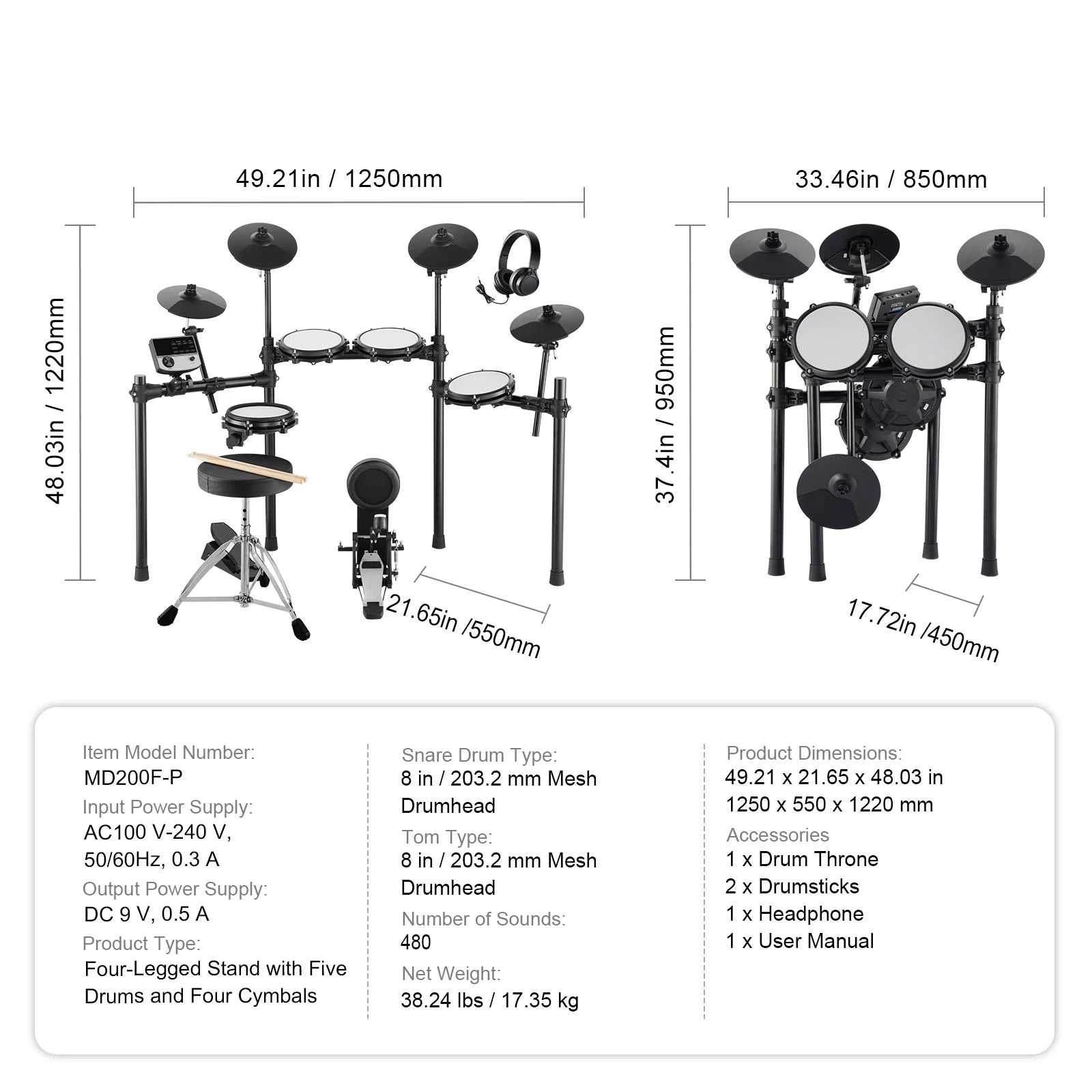 SucceBuy Electric Drum Set 32 Drum Kits & 480 Sounds, USB MIDI Supported 8 / 10 in Quiet Mesh+10 in Cymbals Drum Sticks Easy Use