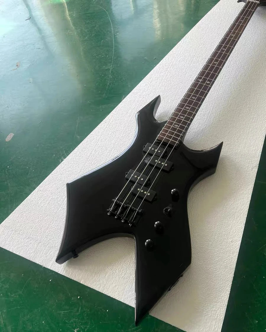 High Quality Unusual Shape Black 4 Strings Electric Bass Guitar Rosewood Fretboard Black Hardwares Factory Customizable