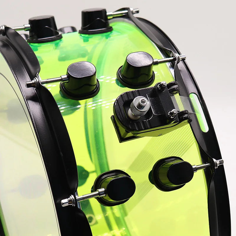 13 Inch Diameter 7 Inch Depth Acrylic Snare Drum Green with Black Color Iron Hoop and Metal One Side Drum Lug