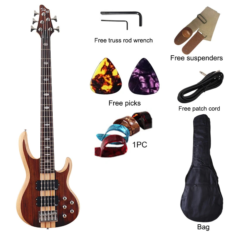 Active 5 String Neck Through Electric Bass Guitar 43 Inch Solid Okoume Body Natural Color Bass Guitar with Free Bag