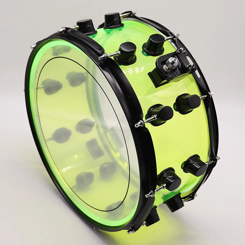 13 Inch Diameter 7 Inch Depth Acrylic Snare Drum Green with Black Color Iron Hoop and Metal One Side Drum Lug