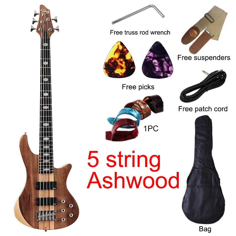 Active 5 String Neck Through Electric Bass Guitar 43 Inch Solid Okoume Body Natural Color Bass Guitar with Free Bag