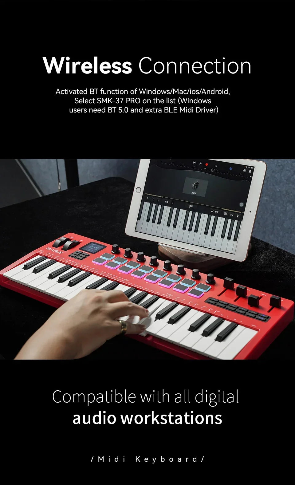 M-VAVE SMK-37 Pro 37-Key MIDI Controller Red With 16 RGB Pads 8 Knobs Built-in Synthesizer Portable Keyboard Instruments Parts