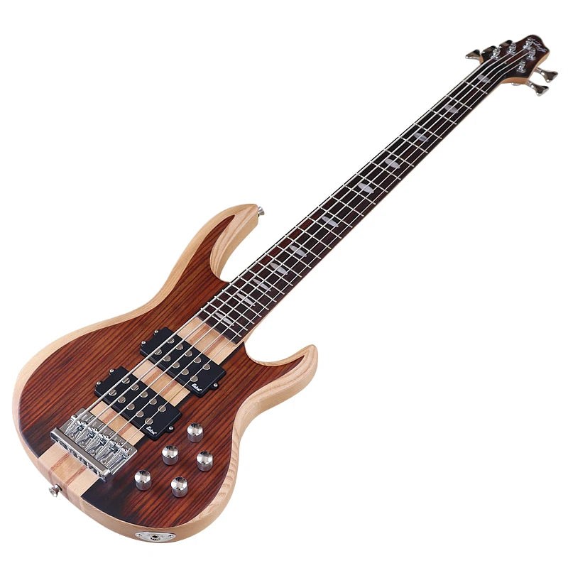 Active 5 String Neck Through Electric Bass Guitar 43 Inch Solid Okoume Body Natural Color Bass Guitar with Free Bag