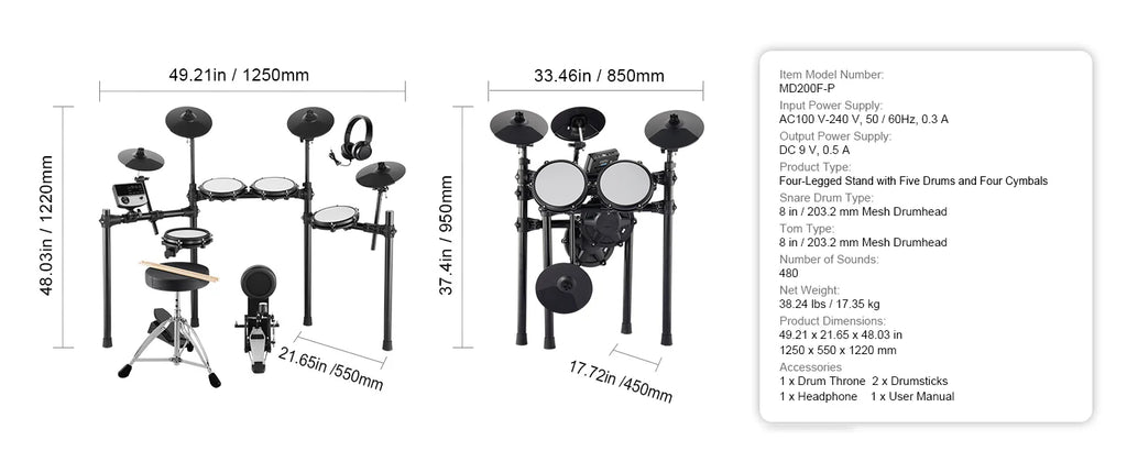 SucceBuy Electric Drum Set 32 Drum Kits & 480 Sounds, USB MIDI Supported 8 / 10 in Quiet Mesh+10 in Cymbals Drum Sticks Easy Use