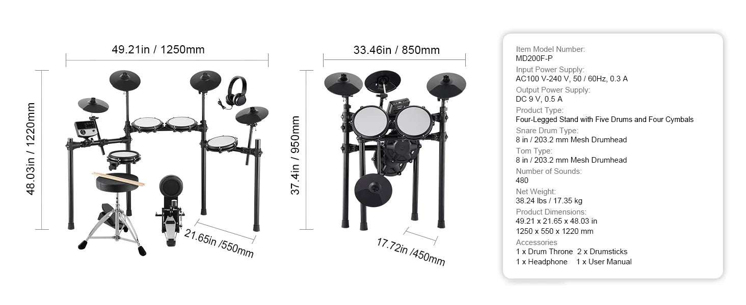 SucceBuy Electric Drum Set 32 Drum Kits & 480 Sounds, USB MIDI Supported 8 / 10 in Quiet Mesh+10 in Cymbals Drum Sticks Easy Use