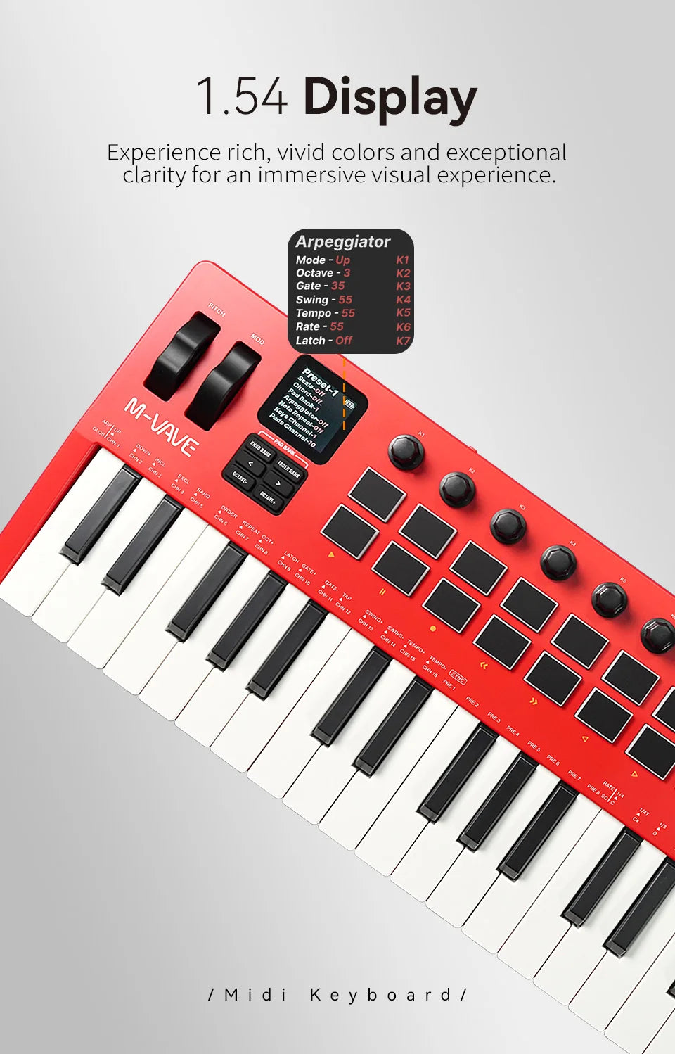 M-VAVE SMK-37 Pro 37-Key MIDI Controller Red With 16 RGB Pads 8 Knobs Built-in Synthesizer Portable Keyboard Instruments Parts