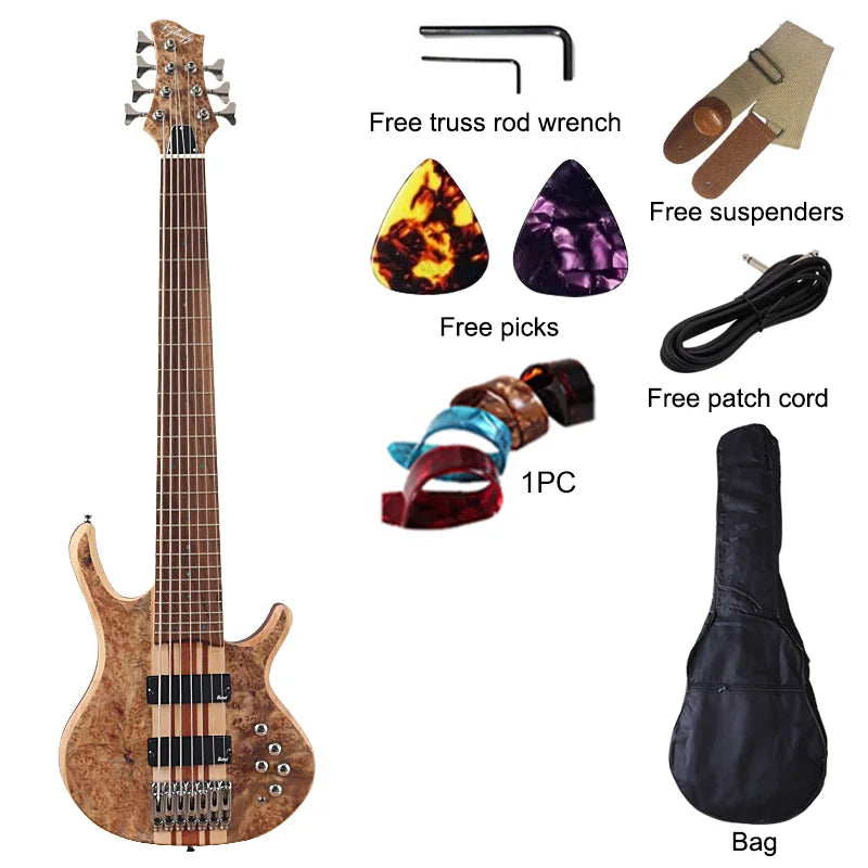 Active Electric Bass Guitar Tree Burl Top Neck Through 43 Inch 6 String 7 String Matte High Quality Bass