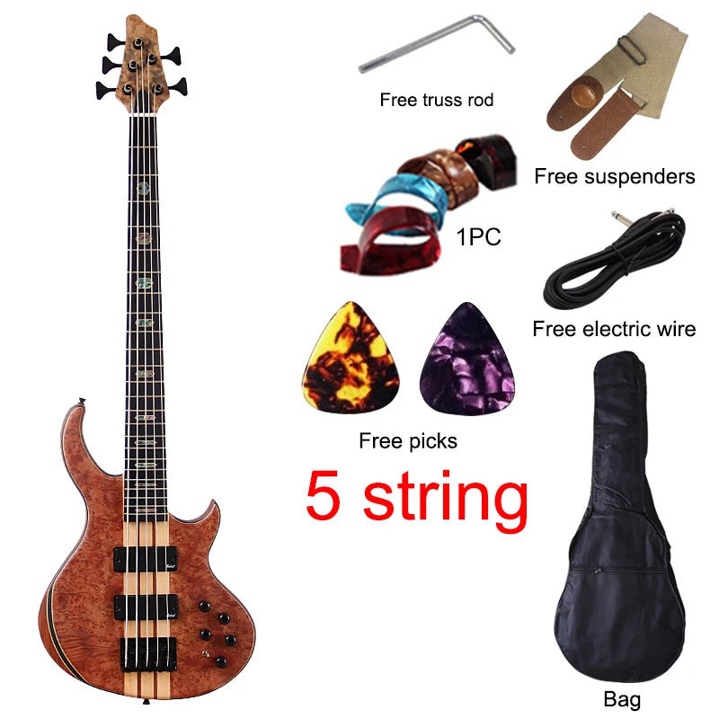 Active 5 String Neck Through Electric Bass Guitar 43 Inch Solid Okoume Body Natural Color Bass Guitar with Free Bag