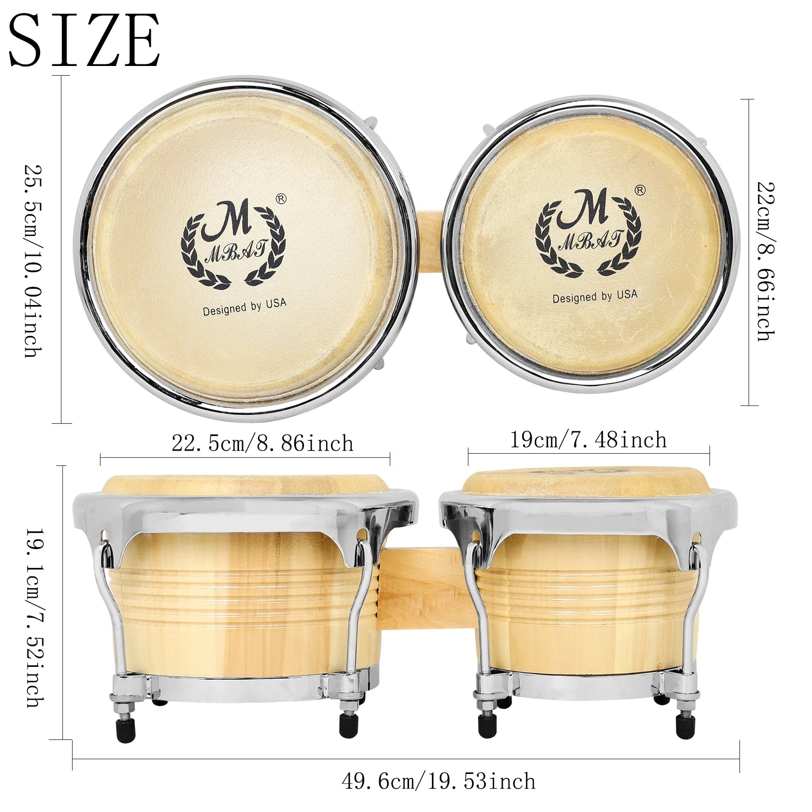 M MBAT Bongo Drum Oak+Buffalo Leather Double Drum African Jazz Style Tambourine Cuban Drum Portable Percussion Instrument