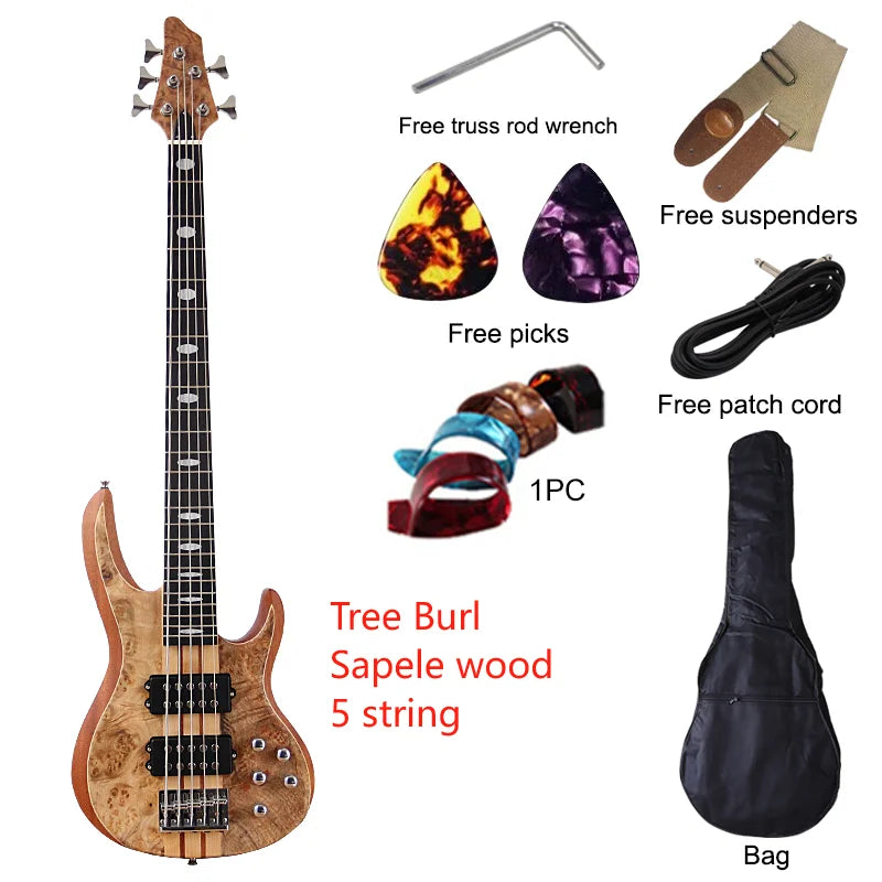 Active 5 String Neck Through Electric Bass Guitar 43 Inch Solid Okoume Body Natural Color Bass Guitar with Free Bag