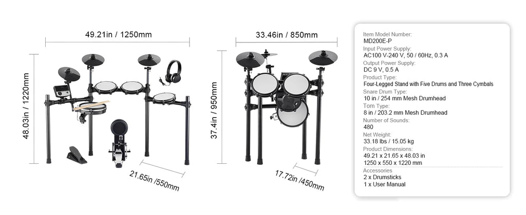 SucceBuy Electric Drum Set 32 Drum Kits & 480 Sounds, USB MIDI Supported 8 / 10 in Quiet Mesh+10 in Cymbals Drum Sticks Easy Use
