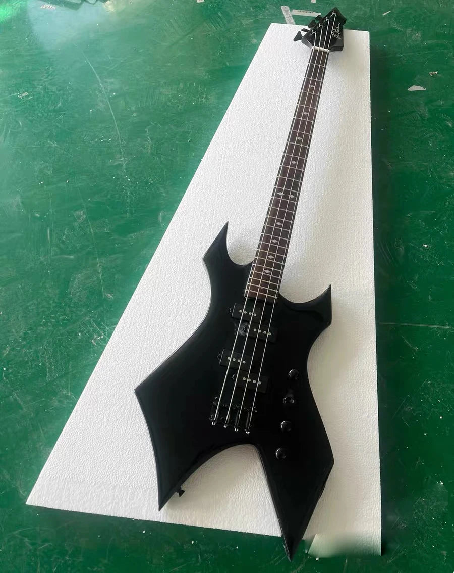 High Quality Unusual Shape Black 4 Strings Electric Bass Guitar Rosewood Fretboard Black Hardwares Factory Customizable