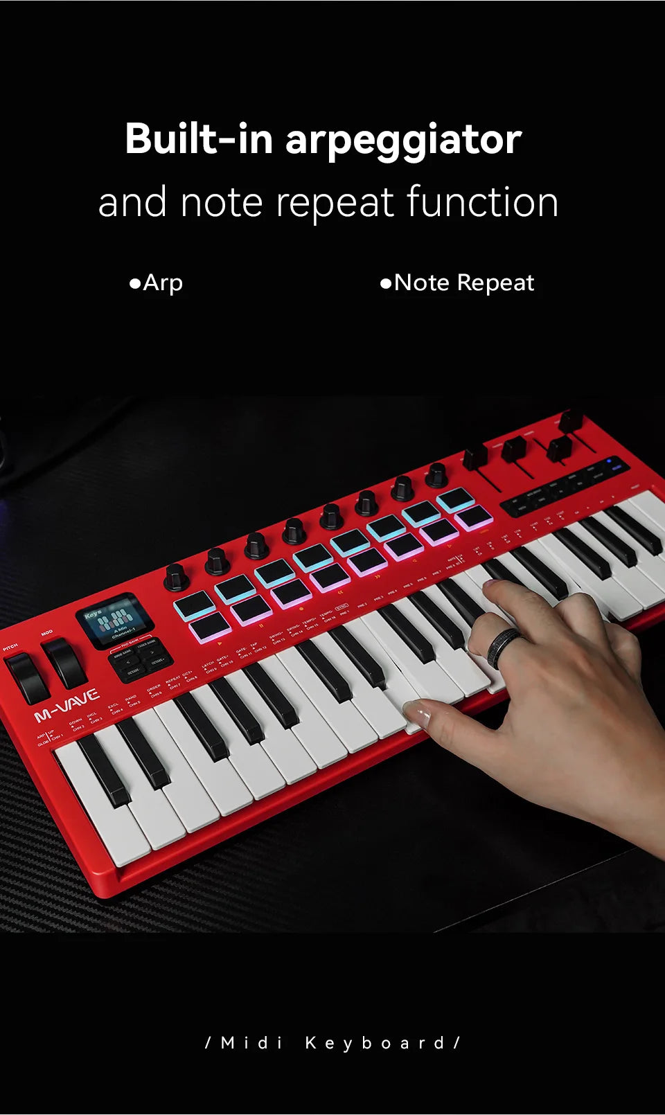 M-VAVE SMK-37 Pro 37-Key MIDI Controller Red With 16 RGB Pads 8 Knobs Built-in Synthesizer Portable Keyboard Instruments Parts
